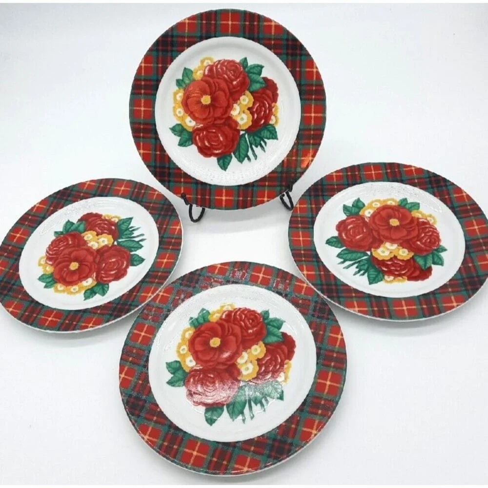 Vintage Holly Holderman Set Of 4 Red & Green Tartan Plaid Floral 8